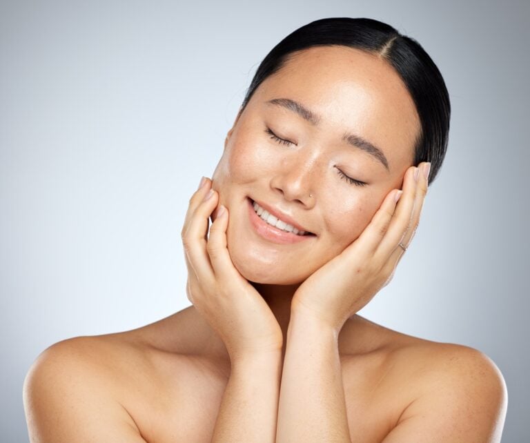 Skincare, asian woman and beauty, happy wellness and aesthetic makeup, natural cosmetics and self c