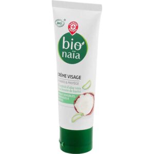 Organic face cream moisturizes and protects with aloe vera extract and shea butter